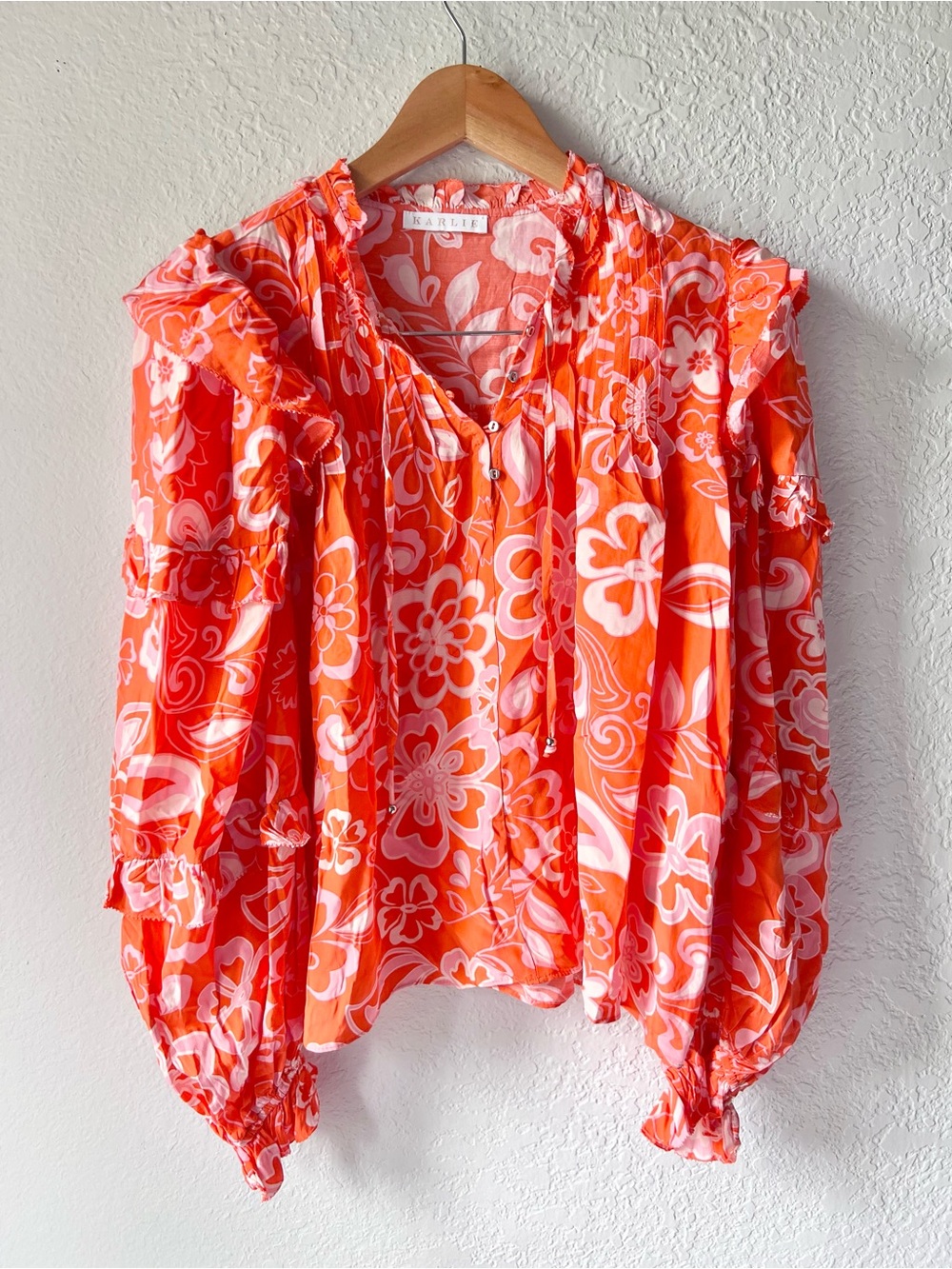 Karlie Boutique Orange Pink Floral Ruffle Blouse Sz S